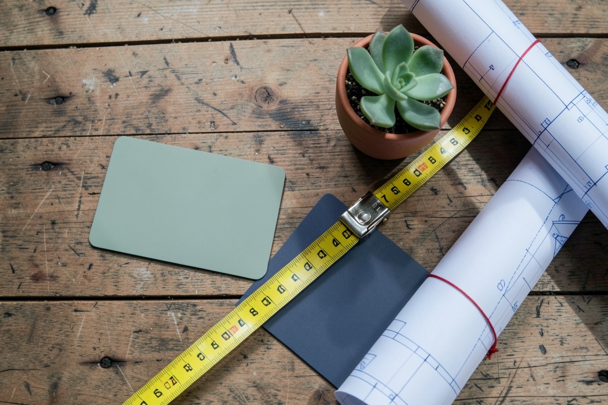 A neatly arranged collection of credit cards, a tape measure, and a small potted plant on a blueprint-covered workbench.