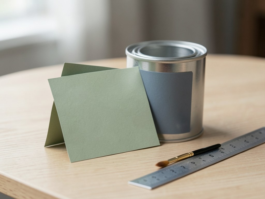 Two paint swatch cards, one sage green and one slate blue, leaning against a small paint can.