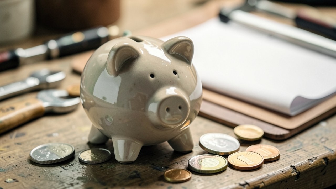 A close-up of a piggy bank next to a clipboard with a blank paper, with screws and a wrench in the background.