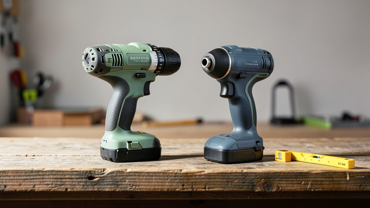 Two drill drivers, one in each color, placed on a wooden plank with a level tool.