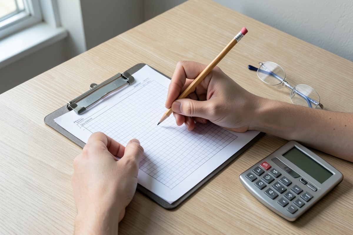 A person's hands holding a pencil and a blank form on a clipboard, with a calculator nearby.